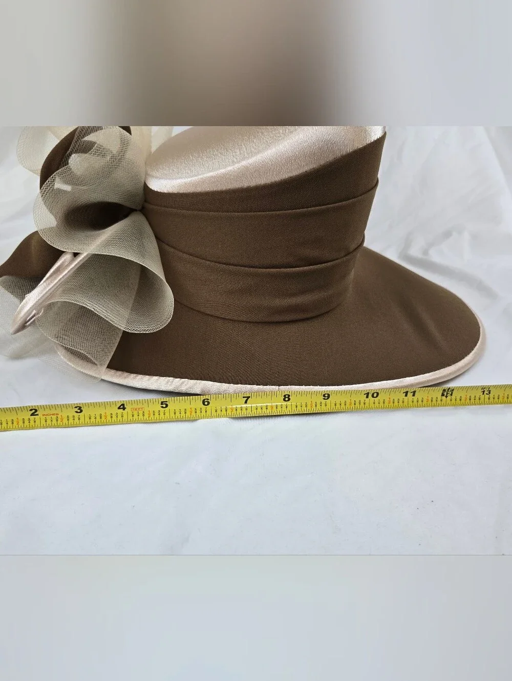 Moshita Couture Women’s Church Derby Hat Beige Brown Satin Bow Formal Hat OS